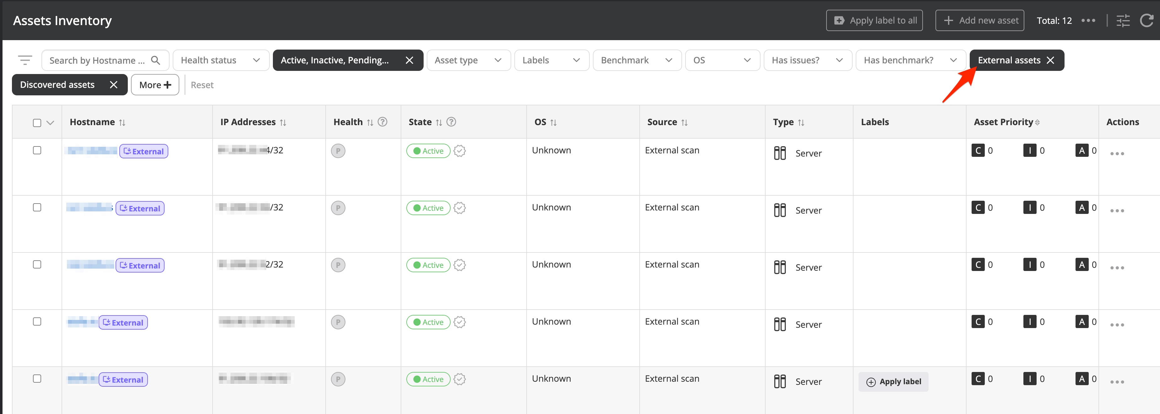 External assets in the asset inventory