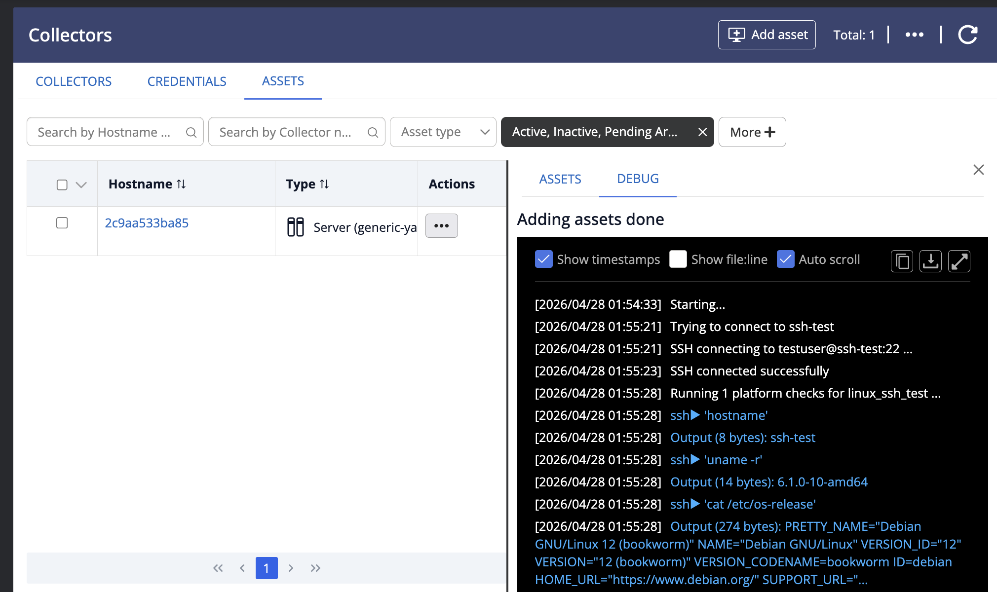 Collector debug console showing an SSH connection and platform checks running, including hostname, uname, and os-release commands