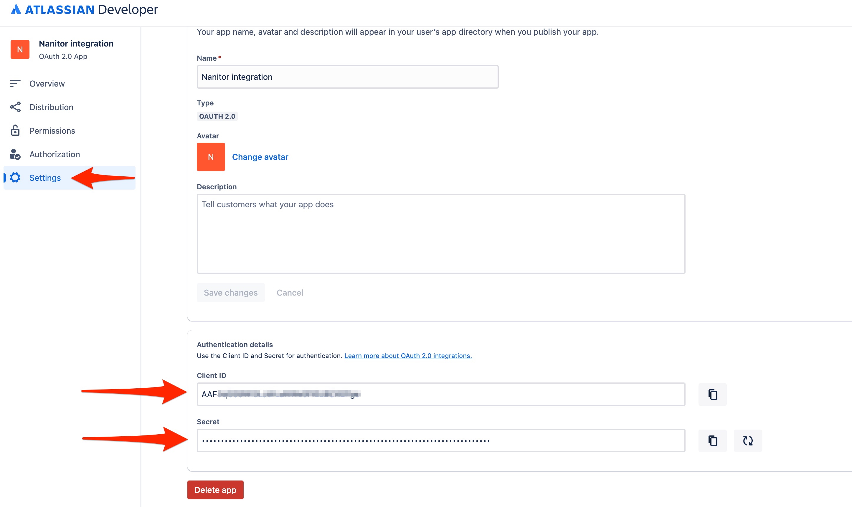 Application client_id and secret