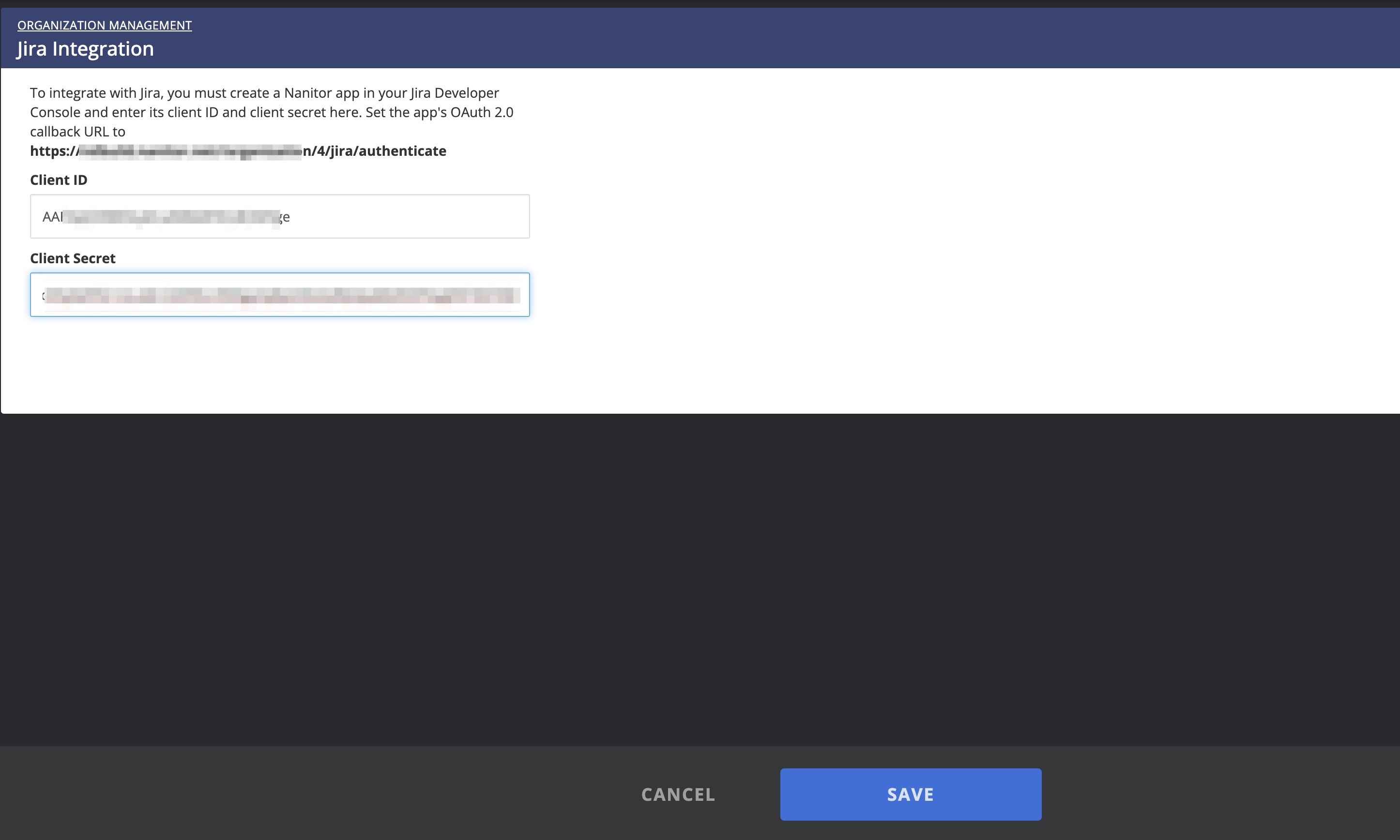 Enter client_id and secret into Nanitor