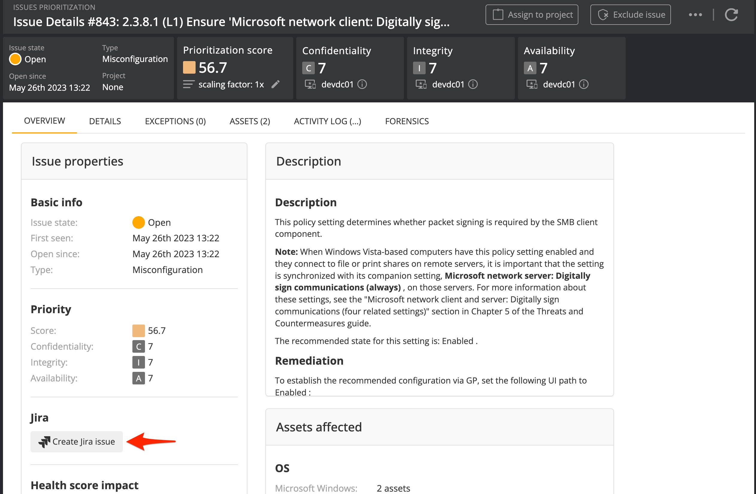 Jira issue from the Nanitor issue view