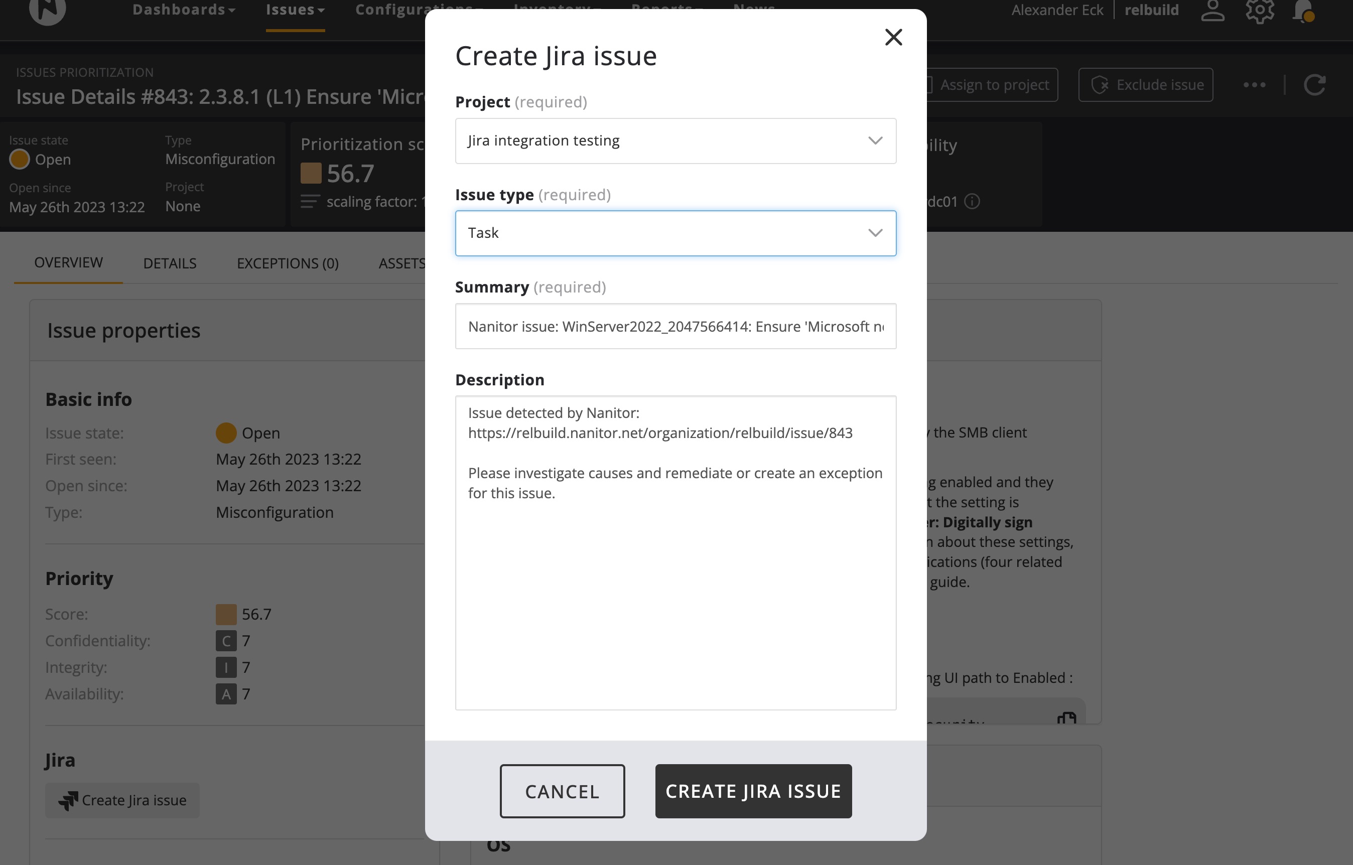 Create Jira issue modal window