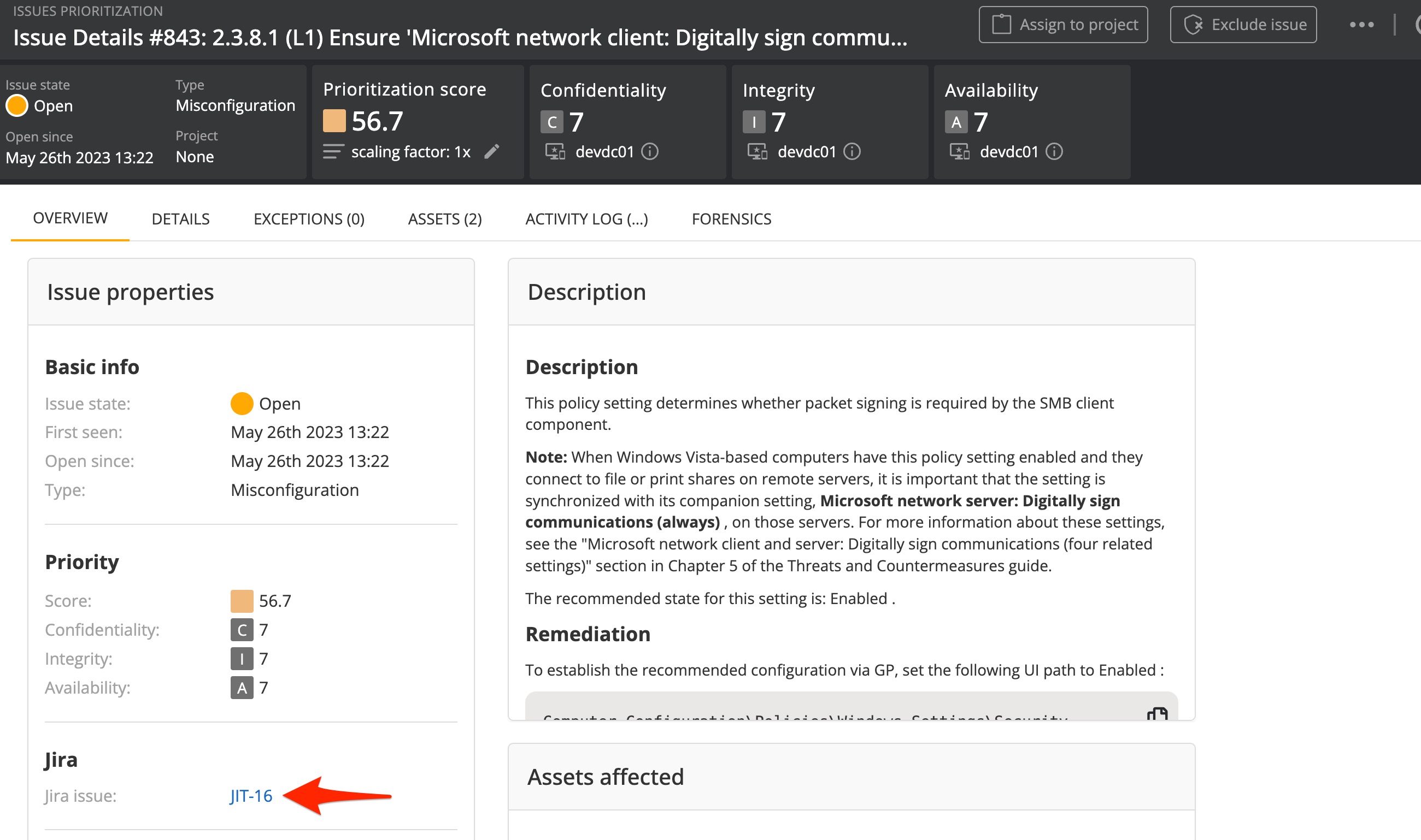 Link to the Jira issue in the Nanitor issue view