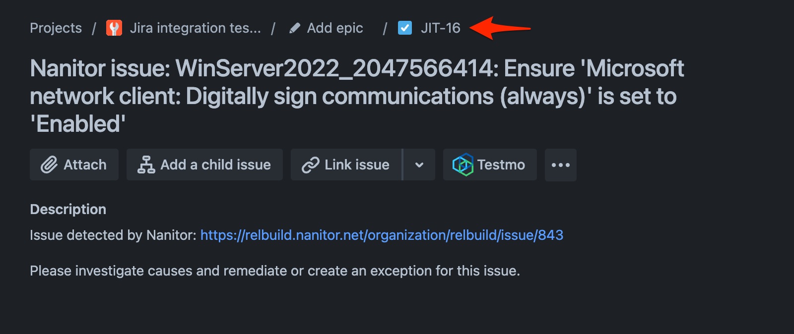 Jira issue view from issue created from Nanitor