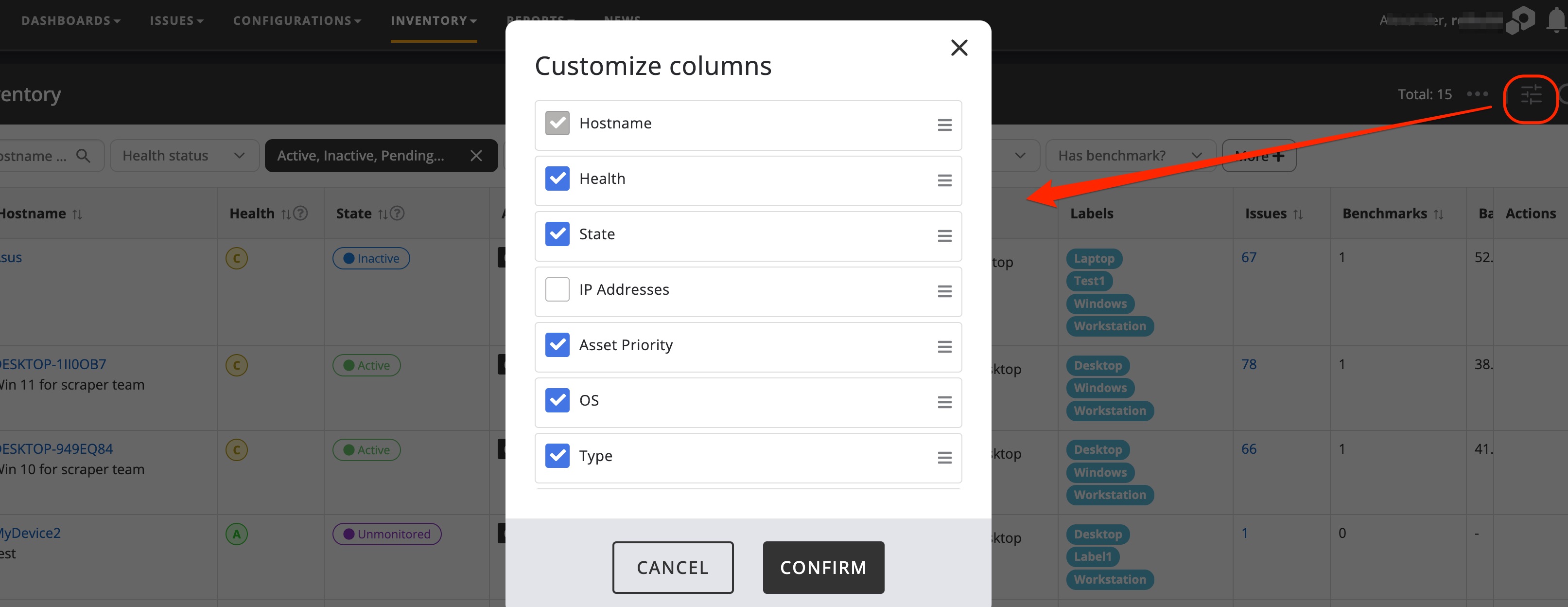 Option to customize column setup