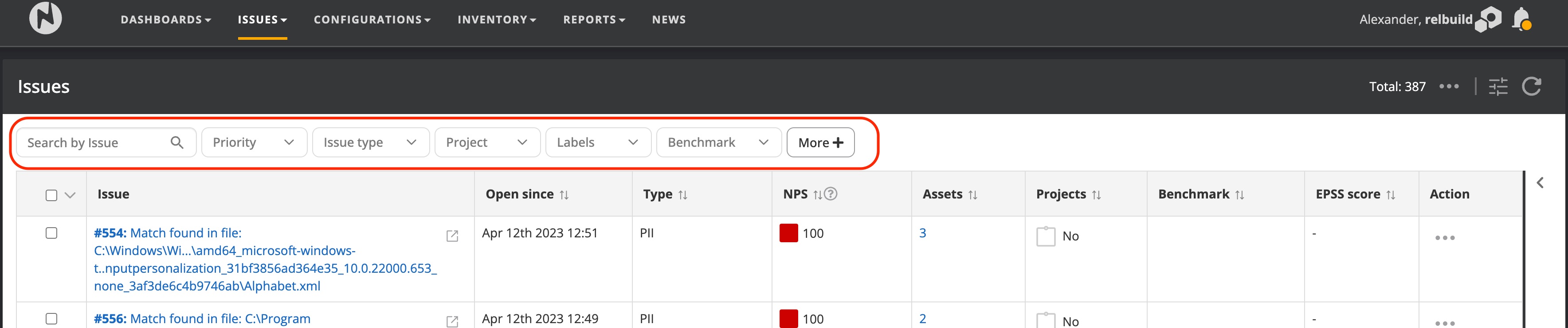 Available filter in the issue view