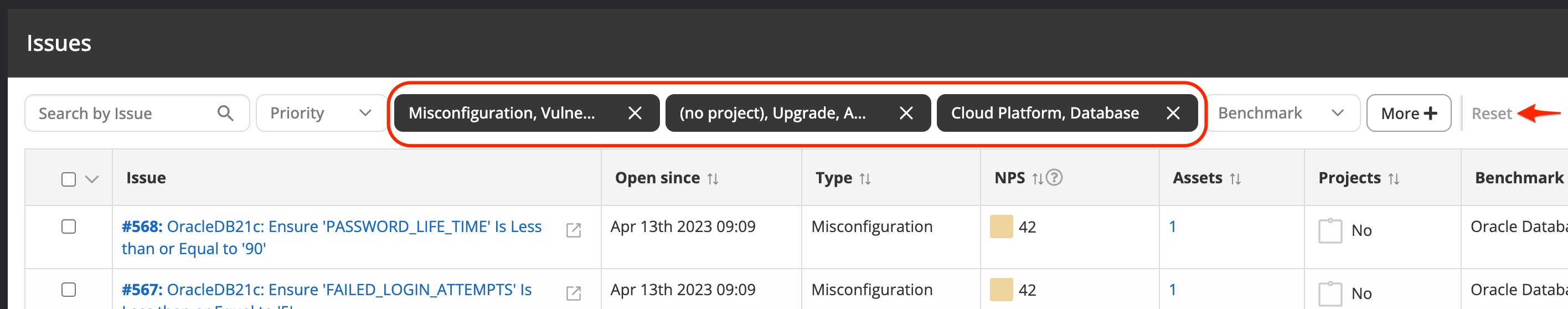 Applied filter options