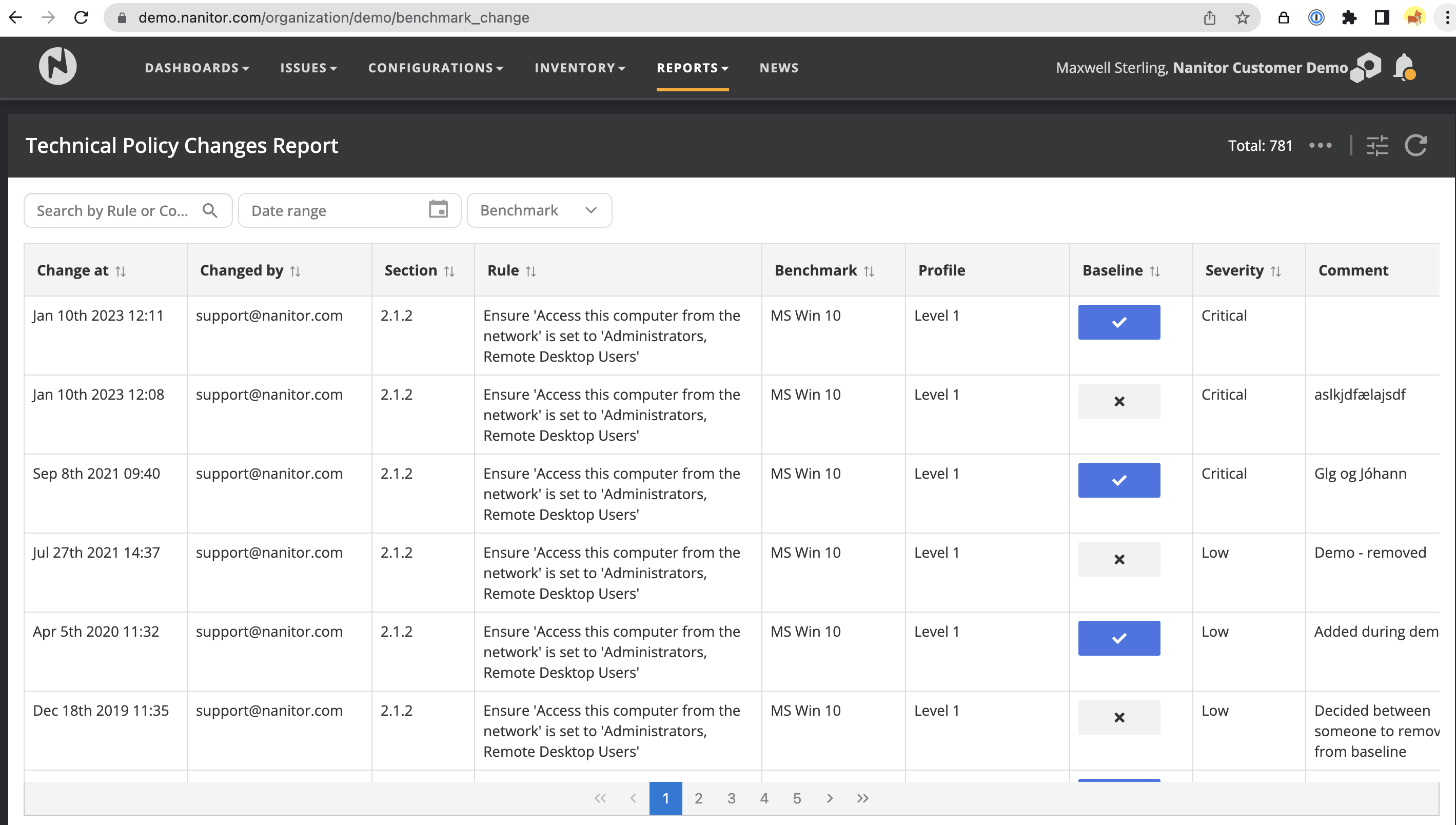 Screenshot of the Technical Policy Changes Report